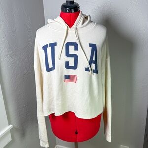 USA Cropped Hoodie Sweatshirt Cream Graphic Pullover L